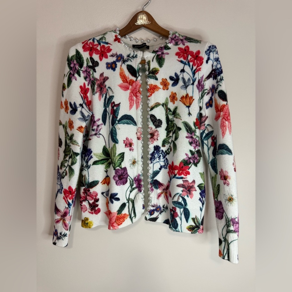 Boston Proper Floral Patterned Cardigan with pearl accents in size medium